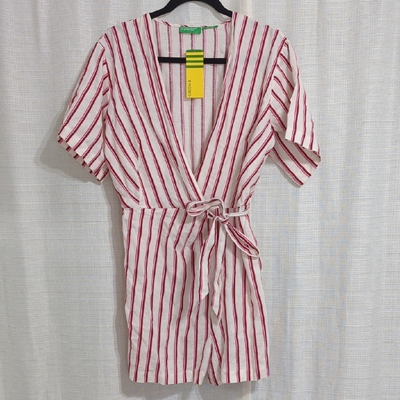 NWT United Colors Of Benetton Pure Linen Romper Small Striped Red White Kimono - Picture 1 of 13
